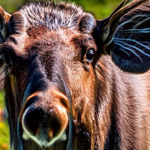 Prompt: close - up photo of a moose sniffing the camera