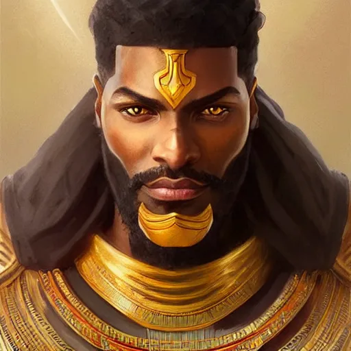 Image similar to bearded dark-skinned egyptian warrior, portrait, headshot, D&D, fantasy, highly detailed, digital painting, artstation, concept art, sharp focus, illustration, art by artgerm and greg rutkowski and alphonse mucha