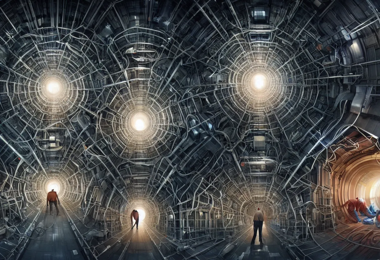 Prompt: man trapped inside cern large hadron collider, his body getting pulled apart by particle collision, ultra high definition, ultra detailed, symmetry, matte painting, by greg rutkowski and ross tran and wlop