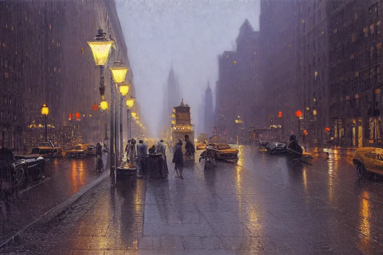 Prompt: painting of the streets of old new york at night, streetlights, raining, romantic, by ludwig deutsch and maxfield parrish, patterned tilework, extremely detailed, cinematic lighting, smooth sharp focus