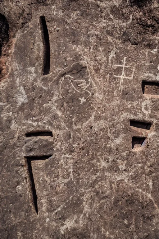 Image similar to 4 k photography of petroglyphs representing crosses, sauwastica, wifi symbol on a cave