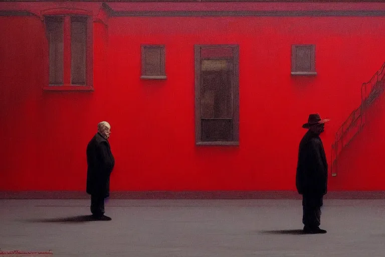 Image similar to only with red, a red old man try to sell a portrait, a crowd cheering, in a city square, in the style of beksinski, parts by edward hopper, parts by rodcenko, parts by yue minjun, intricate and epic composition, red by caravaggio, insanely quality, highly detailed, masterpiece, red light, artstation, 4 k