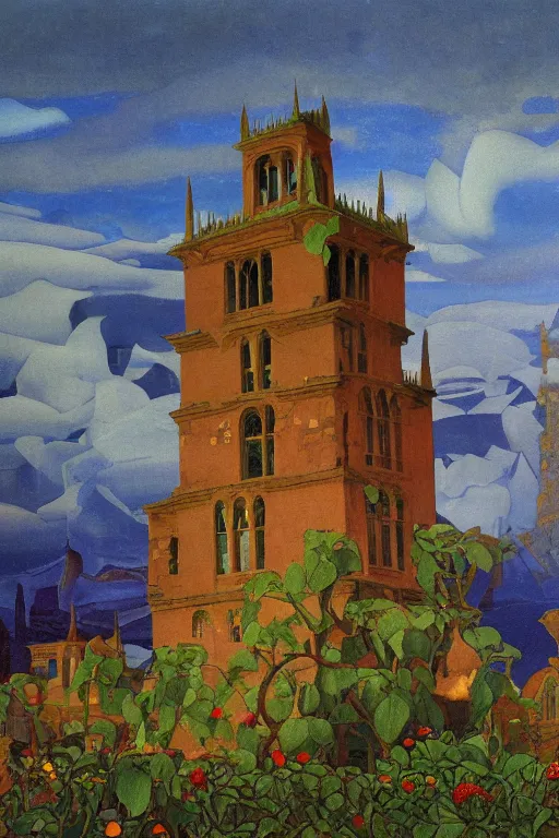 Image similar to view of the old tower and its gardens after a storm, tall windows lit up, beautiful ornamental architecture, dramatic cinematic lighting, rich colors, by Nicholas Roerich and and Caspar David Friedrich and ford madox brown and April Gornik and William Dyce and ((Diego Rivera)), smooth featured on artstation