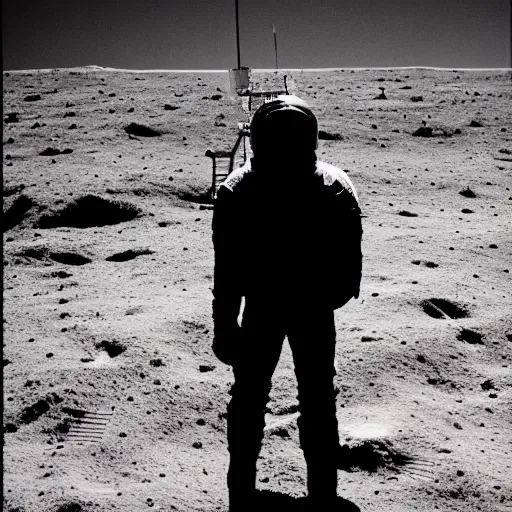 Prompt: a cowboy standing on the moon looks up at the earth above him, 5 0 mm, apollo program photos