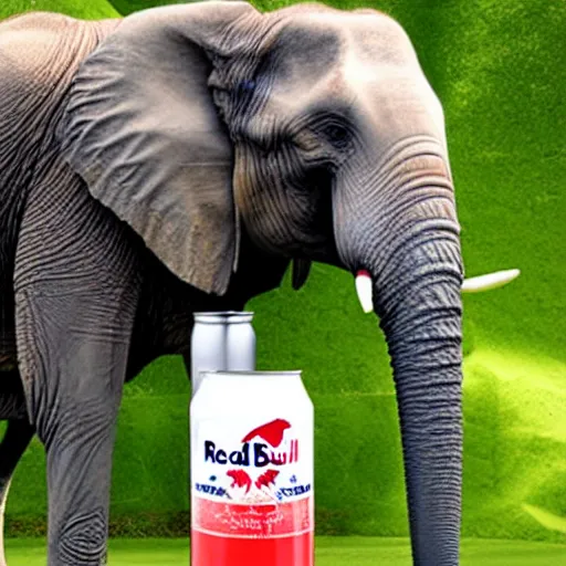 Prompt: a photo of a giant can of red bull with an elephant trying to drink it