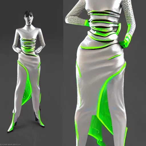 Prompt: Haute Couture futuristic dress, Unreal Engine, 4k, trending on artstation, neons