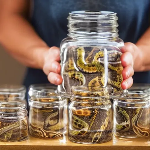 Prompt: young woman selling snake oil, putting snakes into jars, multiple jars of poisonous snake oil