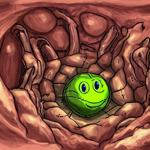 Prompt: a mimic jumping out of it's disguise as a basketball inside of a cave gnarling it's teeth ready to attack, fantasy, digital painting