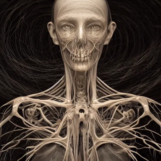 Image similar to A beautiful surreal illustration of the human body,very thin tendrils,blisters networked with blood vessels,grasping arms,bones,highly detailed, liquid oilpaint, Doug Chiang, Gustave Dore, Leonardo da Vinci, trending on Artstation, industry, lucid and intricate, rectilinear, digital art, Octane, redshift, vray,8k, 64 megapixels, ZBrush Central, behance HD, hypermaximalist,well rendered:1:1:1:1