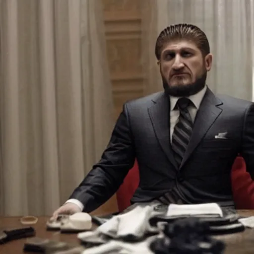 Image similar to Ramzan Kadyrov as The American Psycho, cinematic still