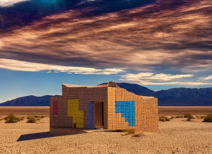Image similar to a house made out of tetris blocks in death valley, sunflare, windy, dusty, rust, cinema, epic, michael bay style, artistic, colorful