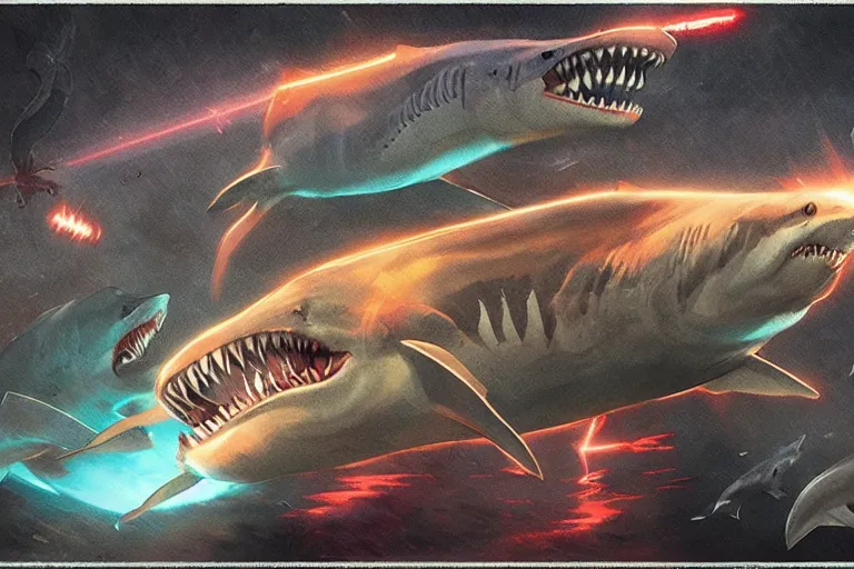 Image similar to a detailed tarot card of freaking sharks with freaking laser beams on their heads, neon outline, mouth open in a terrifying roar, 8 k, artstation, art by greg rutkowski, pixiv