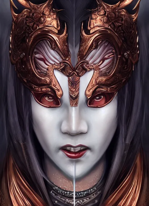 Image similar to a beautiful detailed oil on copper art illustration of a japanese ikazuchi mask devil woman, the mask is broken, centered, by charlie bowater, zeng fanzh, trending on artstation, dim dusk lighting, cinematic lighting, detailed lighting, volumetric lighting, realistic, f 8, 4 k hd wallpaper