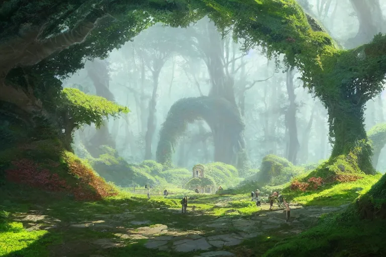 Image similar to natural arches covered in bushes and moss, sunny day, long shot, matte painting, digital art, by greg rutkowski, in the style of studio ghibli, vivid colors, highly detailed, 8 k, establishing shot, smooth, trending on artstation, illustration, realistic