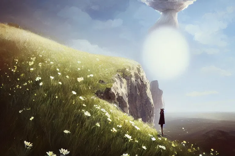 Image similar to giant white daisy flower under the head, girl standing on cliff, surreal photography, solar eclipse, milky way, dramatic light, impressionist painting, clouds, digital painting, artstation, james gilleard, liam wong, jeremy mann, simon stalenhag