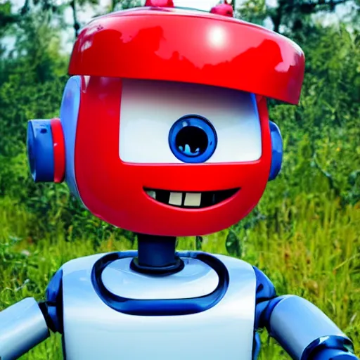 Image similar to cute smiling robot with tomato hat, trekking in a forest, pixar style