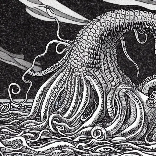 Prompt: Thalassophobia, deep sea, tentacle monster, shipwreck, stormy weather, artwork by Kentaro Miura, digital illustration, 4k, detailed linework