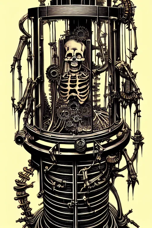 Prompt: steampunk cryo chamber containing a skeleton, high details, intricately detailed, by vincent di fate, inking, 3 color screen print, masterpiece, trending on artstation,, sharp, details, hyper - detailed, hd, 4 k, 8 k