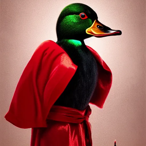 Image similar to portrait of cute mallard duck, wearing cultist red robe, inside a castle, black feathers, glowing arcane eyes, expressive oil painting, digital art, octane render