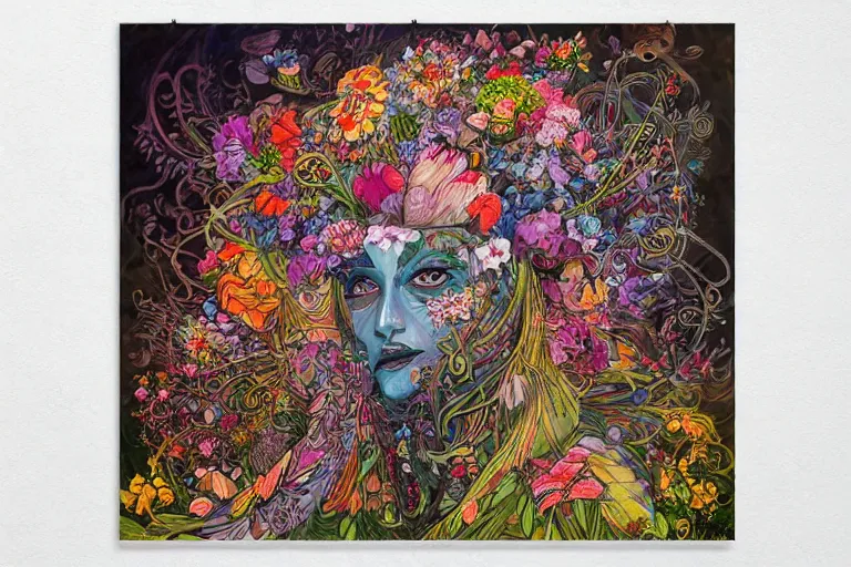 Prompt: a painting of a creature with a lot of flowers and plants on its head, poster art by android jones, behance contest winner, generative art, made of flowers, grotesque, concert poster