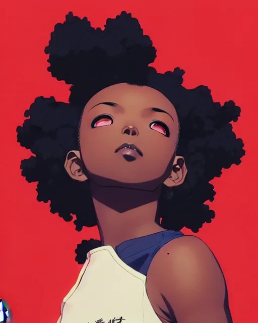 Image similar to black super hero girl | very very anime!!!, fine - face, jill scott, red afro, realistic shaded perfect face, fine details. anime. realistic shaded lighting poster by ilya kuvshinov katsuhiro otomo ghost - in - the - shell, magali villeneuve, artgerm, jeremy lipkin and michael garmash and rob rey