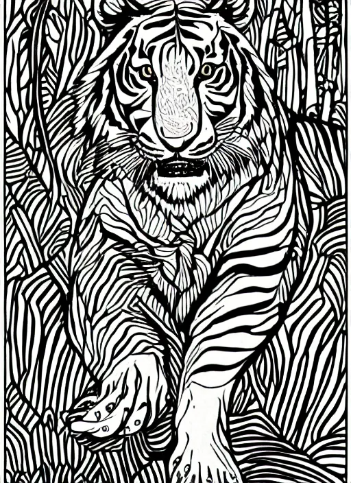 Prompt: wild tiger, black and white illustration, art nouveau, highly detailed, clean line art, tarot card style