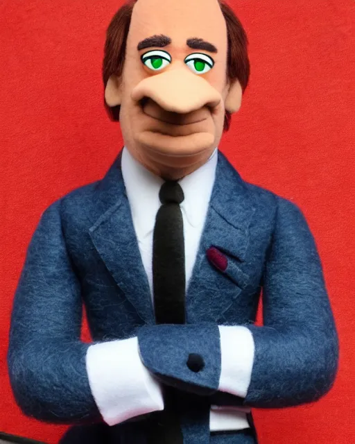 Prompt: saul goodman as a muppet. highly detailed felt. hyper real photo. 4 k.