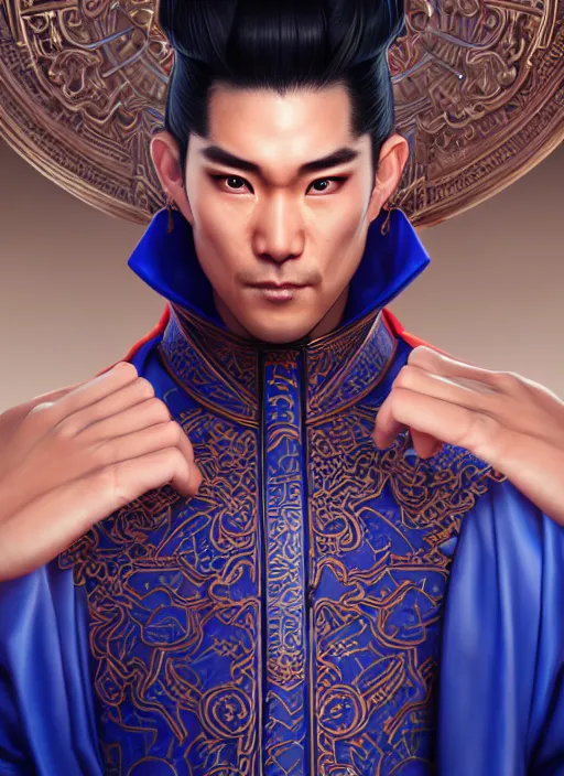 Image similar to male martial artist with a high ponytail!!! asian facial features and blue eyes!! intricate ornate blue robes!! character concept art, sharp focus, octane render! unreal engine 5! highly rendered!! trending on artstation!! detailed linework!! illustration by artgerm, wlop, and chie yoshii