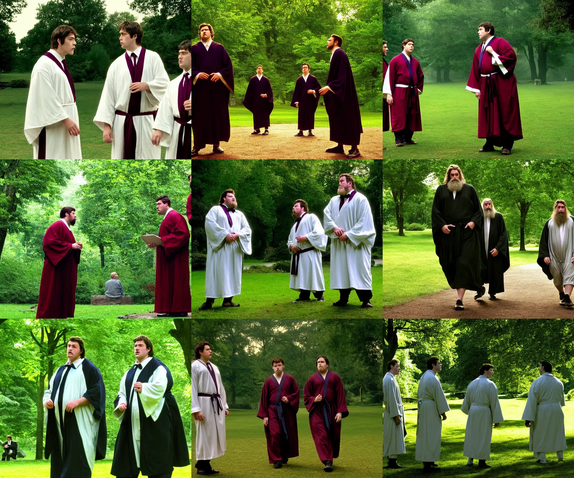 Prompt: sharp, highly detailed, film still from a 2 0 0 2 drama 8 k movie, two two two clean - shaven chubby wizards appear in a park in 2 0 0 2, a short male wizard and a tall male wizard, wearing robes and neckties, atmospheric lighting, in focus, reflective eyes, 3 5 mm macro lens, live action, nice composition