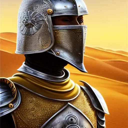 Prompt: portrait of the king of the Desert, Knight with a golden helmet and a Silver Armour, gold crown, upper body, Shiny armour vest, Sand, blue sky, D&D, fantasy, intricate, cinematic lighting, highly detailed, digital painting, artstation, concept art, smooth, sharp focus, illustration, art by Artgerm and Greg Rutkowski and Alphonse Mucha