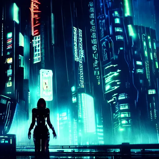 Prompt: jennifer connely as a cyborg in a cyberpunk movie in a distopic futuristic city in the style of bladerunner, movie still, highly detailed, rainy night, volumetric lights, dramatic, scifi