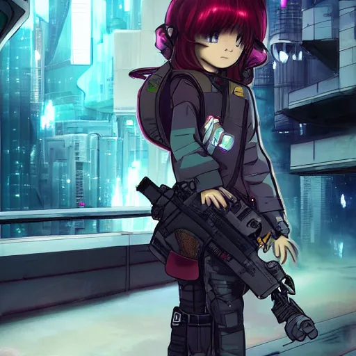 Prompt: a little girl with a big blaster in her hands runs along the runway towards the spaceship, anime, cyberpunk
