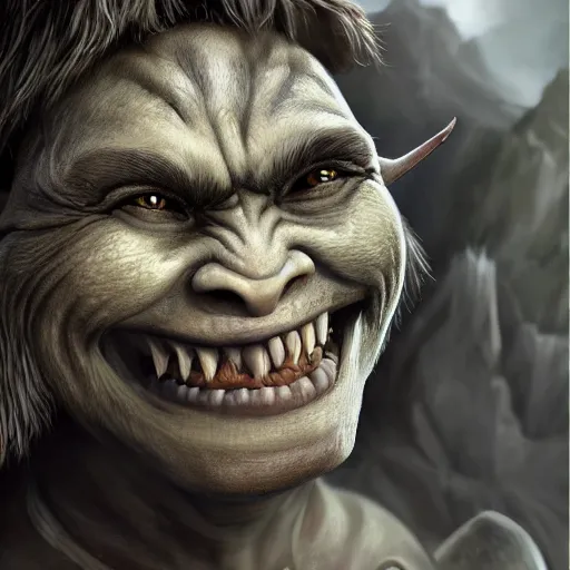 Image similar to a detailed portrait of a cute child orc boy smiling, fantasy art illustration, incredibly highly detailed and realistic, 8 k, sharp focus