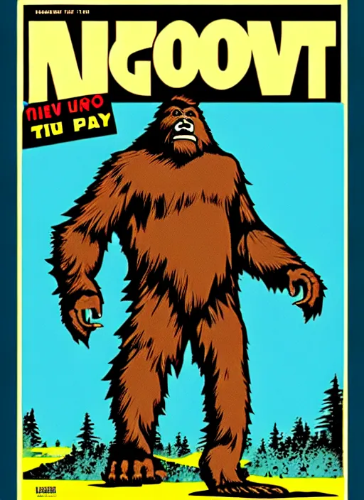 Prompt: bigfoot in retro sci fi pulp newsprint illustration cover