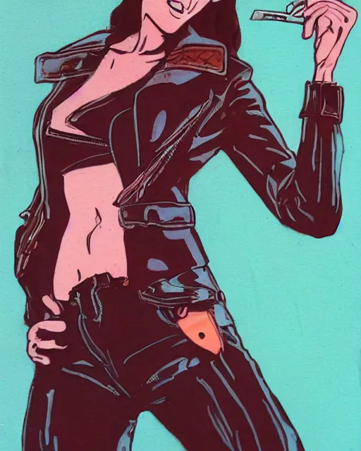 Image similar to young female protagonist in leather jacket, city street, artwork by ralph bakshi