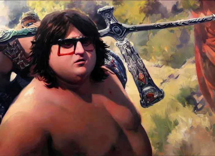 Image similar to a highly detailed beautiful portrait of andy milonakis as kratos, by gregory manchess, james gurney, james jean