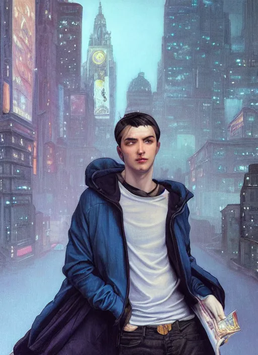 Image similar to handsome young man with short black hair, glowing light blue eyes, pale skin, wearing jeans and a black hoodie, detailed night time cityscape background, realistic painting by ross tran and gerald brom and alphonse mucha, ilya kuvshinov, svetlana tigai, artgerm, trending on artstation