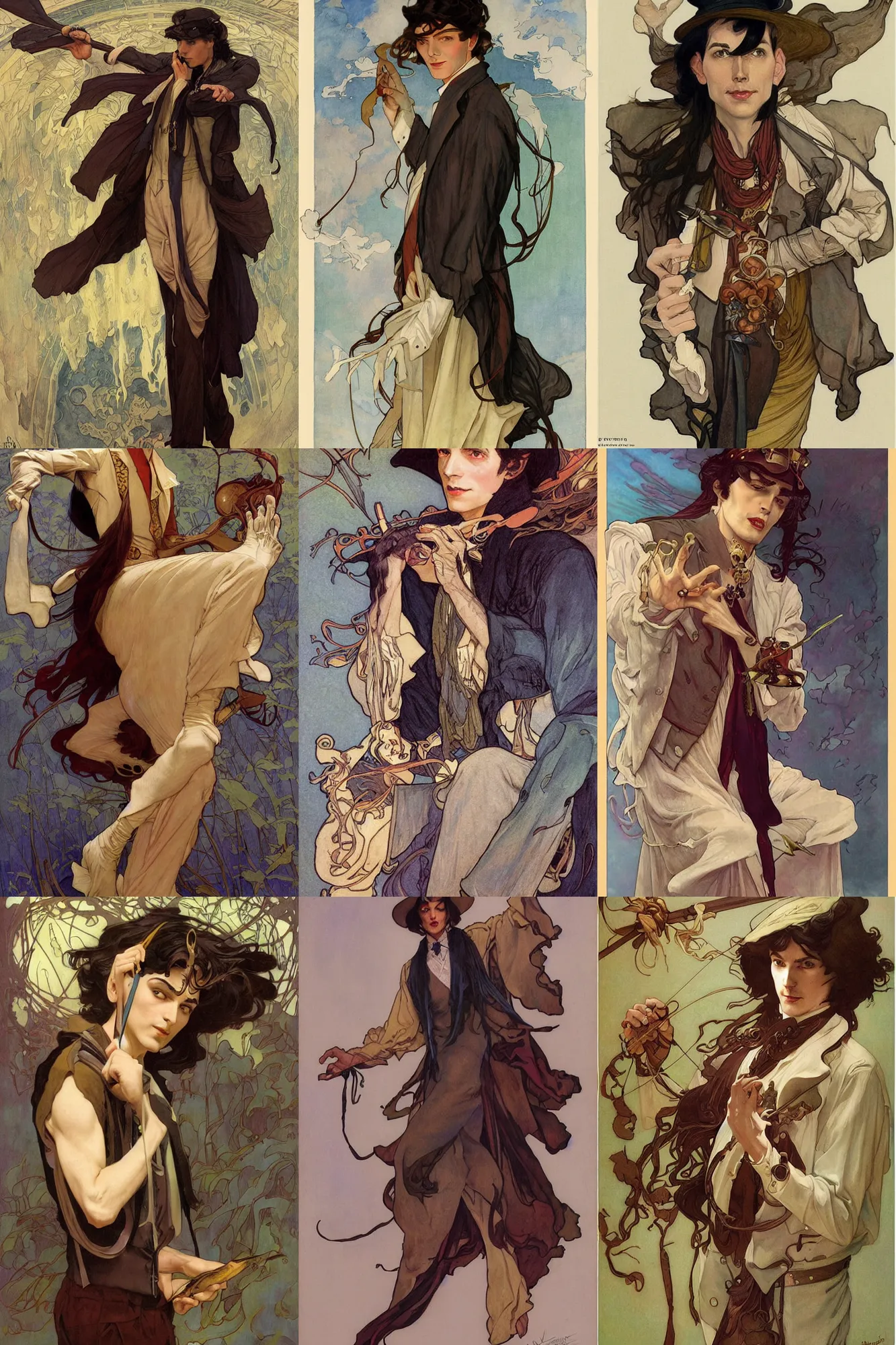 Prompt: thin male mage with long dark hair wearing 1 9 2 0 s clothes, fantasy, art by joseph leyendecker, peter mohrbacher, ruan jia, finnian macmanus, marc simonetti, ayami kojima, vasnetsov, cedric peyravernay, alphonse mucha