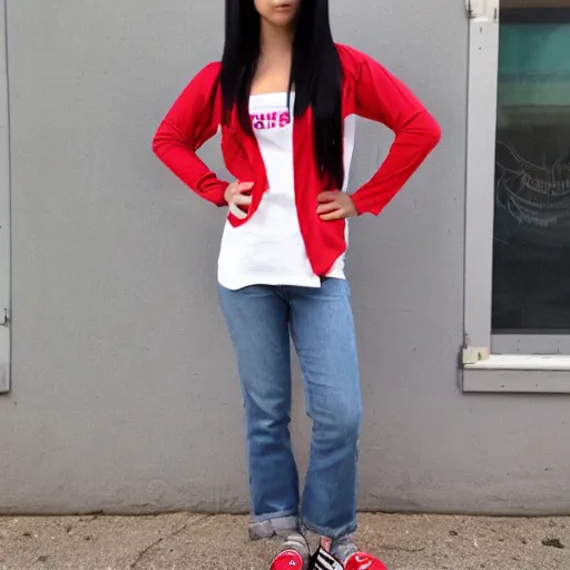 Prompt: character design of a latina cute girl using tight white and red raglan sleeves with tight blue jeans and cool shoes, having silky long black hair with bangs
