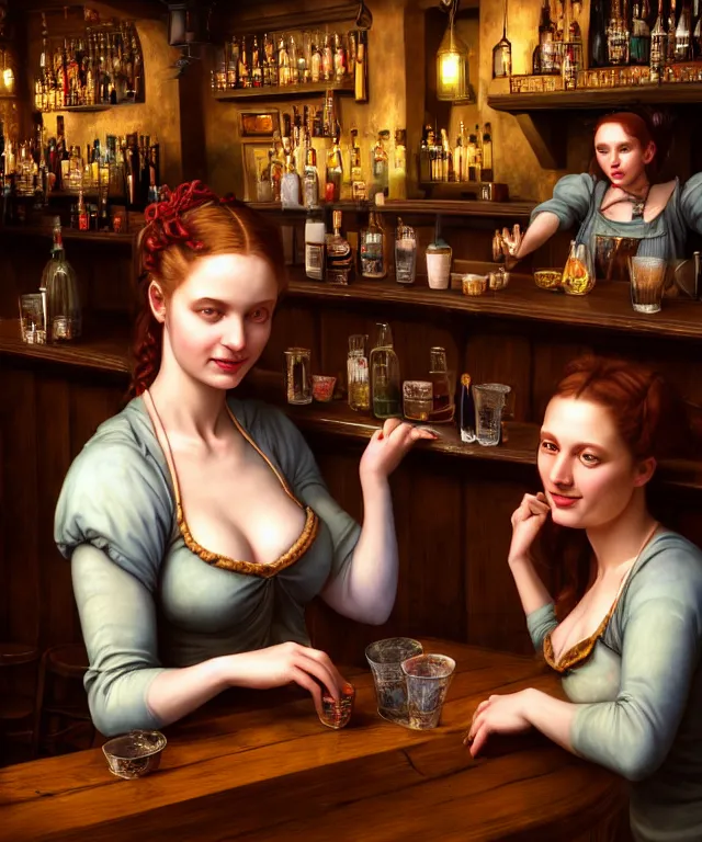 Image similar to hyperrealistic mixed media painting of a beautiful smiling charismatic barmaid, dimly lit cozy tavern, relaxed pose, serving customers at bar, medieval period, stunning 3d render inspired art by Gerald Brom and Anna Dittmann + perfect facial symmetry + dim volumetric lighting, 8k octane beautifully detailed render, post-processing, extremely hyperdetailed, intricate, epic composition, grim yet sparkling atmosphere, cinematic lighting + masterpiece, trending on artstation, very very detailed, masterpiece, stunning