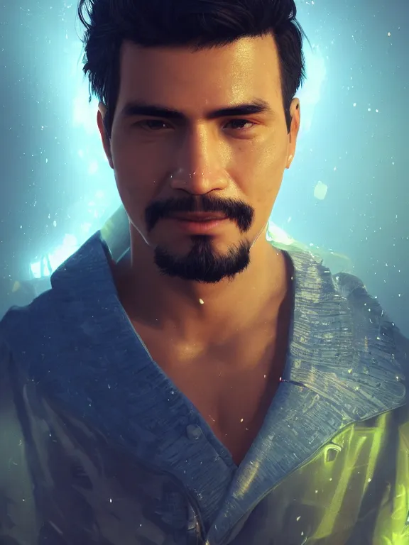 Image similar to portrait art of a very handsome Peruvian man, 8k ultra realistic, lens flare, atmosphere, glow, detailed,intricate, full of colour, cinematic lighting, trending on artstation, 4k, hyperrealistic, focused, extreme details,unreal engine 5, cinematic, masterpiece