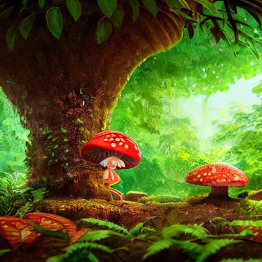 Image similar to Intricate detailed illustration, A small and happy humanoid mushroom frolicking in a lush tropical jungle, 🍄 , cinematic lighting, by Philip Hood, wide angle, volumetric light scattering, 8k, artstation, concept art,