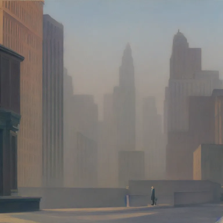 Prompt: city fog, early morning, painted by Edward Hopper, painted by Wayne Barlow, airbrush