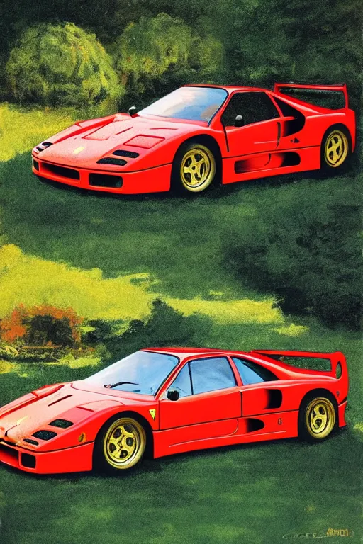 Image similar to ferrari f 4 0, golden hour, in a garden, artstation, by j. c. leyendecker and peter paul rubens,