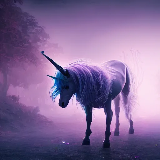 Image similar to a iridescent unicorn is injured, footsteps of blood follows behind it, toxic glowing smog in the sky, ultra realistic, concept art, intricate details, highly detailed, photorealistic, octane render, 8 k, style of mary jackson