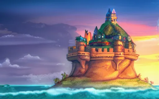 Image similar to an island with a giant castle on top held up by the shell of a giant turtle in the ocean, sunset, drawn by hayao miyazaki, hi res, 4k