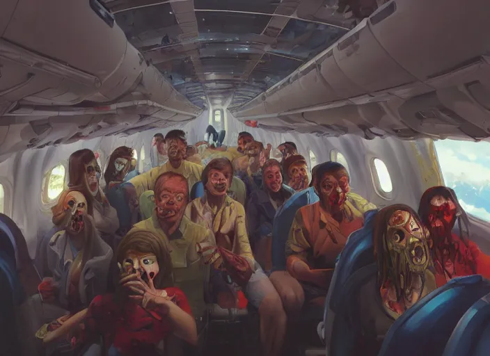 Prompt: boeing 737 cabin, a lot of zombies, birthday party, realistic, wide angle, Unreal 5 engine, trending on artstation, by Huang Guangjian and Gil Elvgren and Sachin Teng