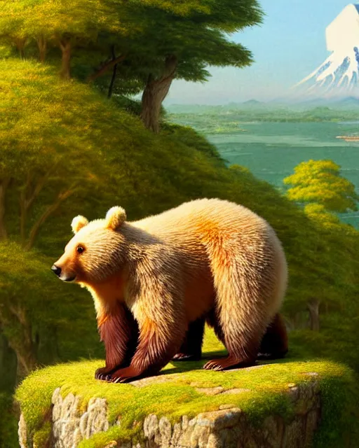 Image similar to a bear rabbit hybrid, sitting in tokyo, unique, sunny day, highly detailed, masterpiece, award winning, realistic, art by thomas cole and studio ghibli