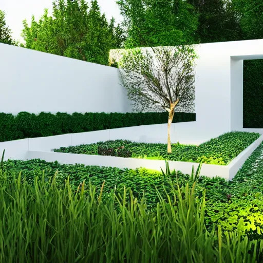 Prompt: a beautiful garden, modern minimal design, white color scheme, vivid lighting, sunset, photorealist, 4 k