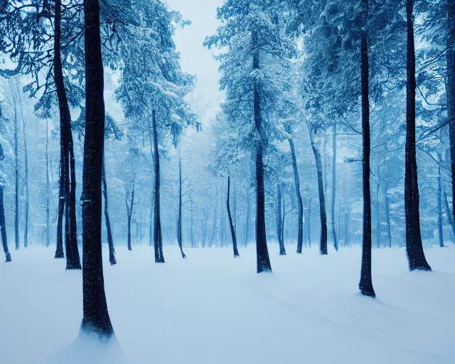 Image similar to a forest filled with lots of snow covered trees at dark blue night, a matte painting by konstantinas ciurlionis, featured on unsplash, tonalism, photo taken with ektachrome, high dynamic range, photo taken with provia